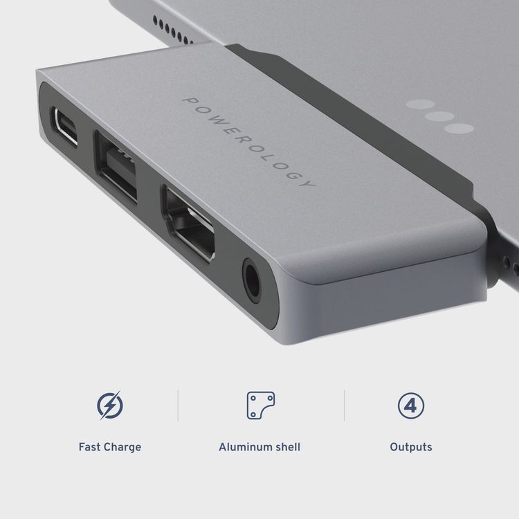محول Powerology USB C Hub 4 في 1 Pro - رمادي