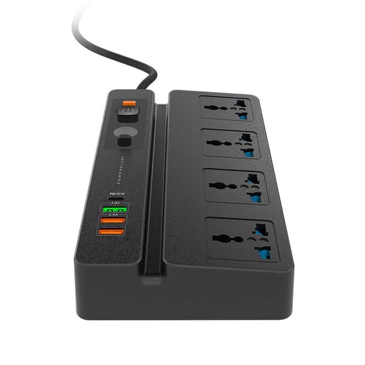 Powerology Universal Socket 4 AC 3 USB Ports & USB-C PD 35W Multiport Socket with Phone Stand and Timer, Fire-Proof Protection (Black)