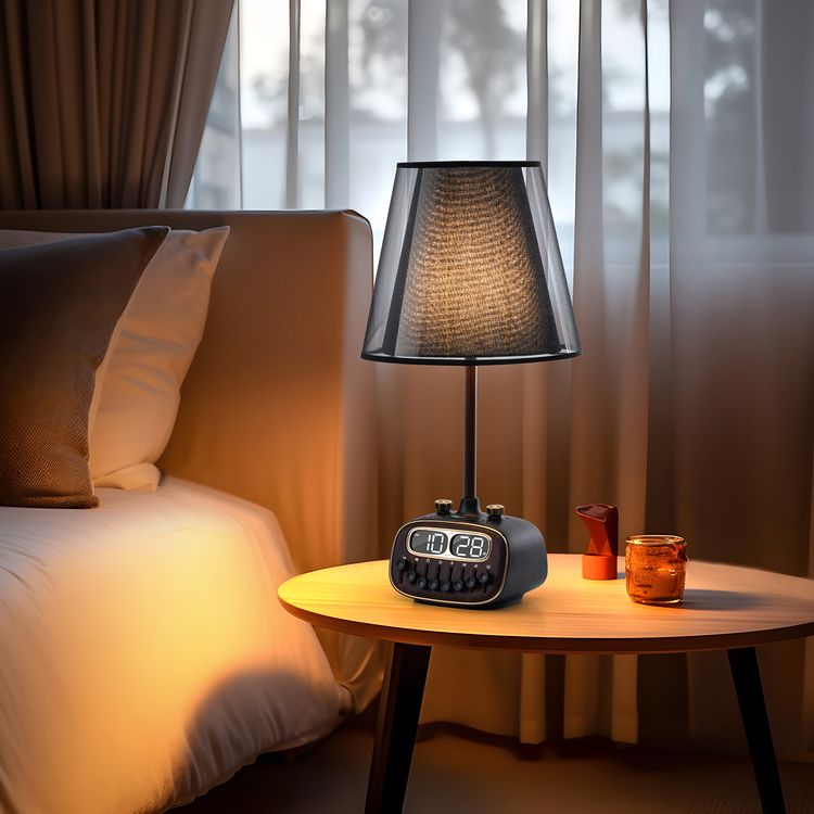 مصباح مكتبي ريترو من بورودو مع ضوضاء بيضاء ومكبر صوت بتقنية البلوتوث ووظيفة التنبيه والغفوة و3 مستويات سطوع (منخفضة ومتوسطة وعالية) وشحن لاسلكي مزدوج وشاشة رقمية عالية الدقة - أسود 