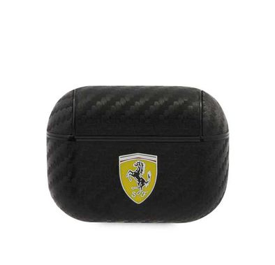 CG MOBILE Ferrari PC PU Carbon Yellow Shield Metal Logo Case for AirPods Pro, Shock Absorption, Drop Protection, & Dustproof Protective Silicone Cover Officially Licensed Black