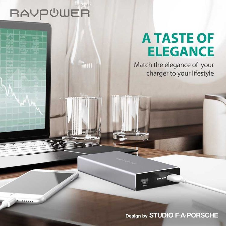 RAVPower External Battery Pack 20100mAh Power Bank - Dual iSmart 2.0 Ports - Fast Charging Connector - Sleek Edges Portable Charger Powerbank with Fire-proof Protection - Silver