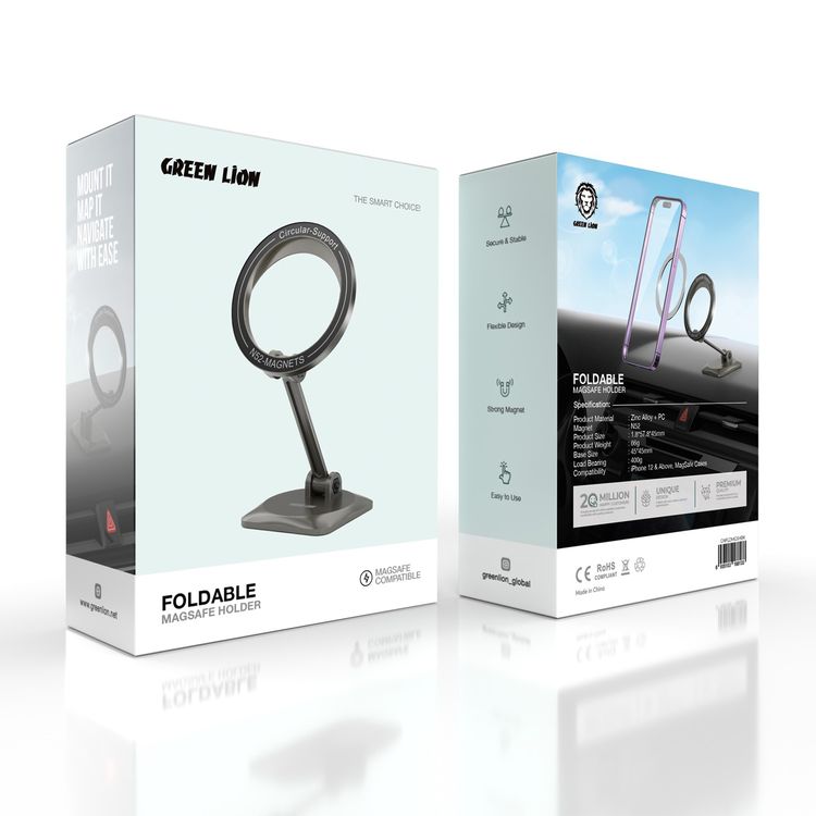 Green Lion Foldable MagSafe Car Holder, Compatible with iPhone 12 & Above, Zinc Alloy & PC Material - Black