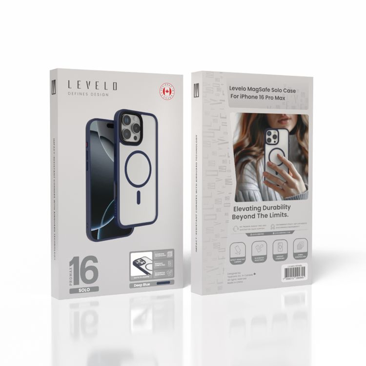 حافظة Levelo MagSafe Solo لهاتف iPhone 16 Pro، تقنية Clearview، مقاومة للخدش 3H، هيكل هجين - أزرق غامق