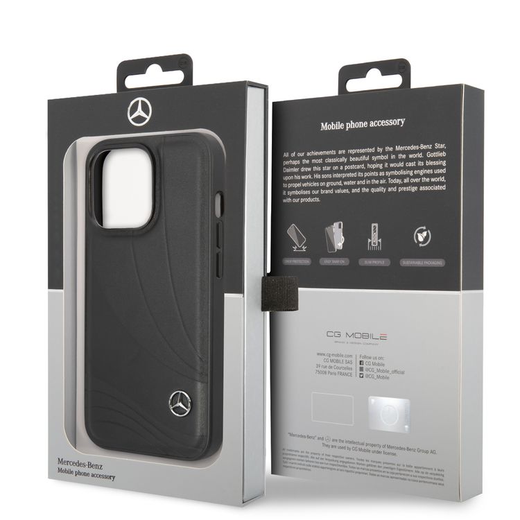 CG MOBILE Mercedes-Benz Genuine Leather Case With New WaveIII Pattern, Compatible w/ 14 Pro (6.1") Scratch & Drop Protection, Wireless Charger Compatibility - Black