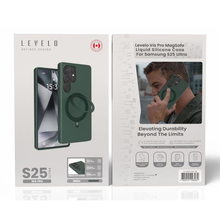 حافظة Levelo Iris Pro من السيليكون السائل متوافقة مع Magsafe لهاتف Samsung Galaxy S25 Ultra، مسند مدمج، سيليكون سائل ممتاز، زوايا مقاومة للصدمات - أخضر
