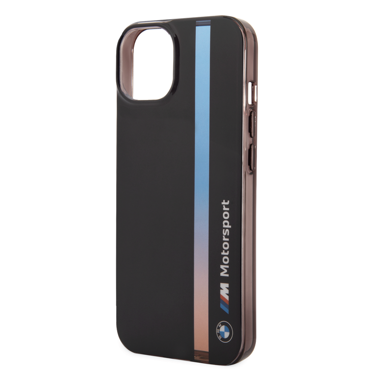 BMW Motorsport Collection PC/TPU IML Case with Printed Tricolor Fading Stripe iPhone 14 Plus Compatibility - Black