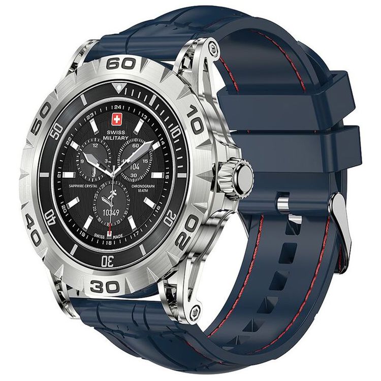 Swiss Military Dom2, up to 7 Days Battery Life, Receive & Make Calls, Heart Rate & Blood Pressure & Oxygen Level Monitoring, iOS & Android - Silver with Blue Silicon Strap  