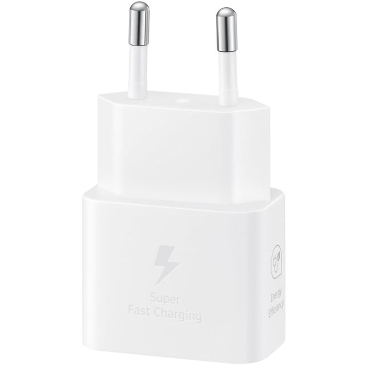 Samsung Travel Adapter 25 W 2 pin with USB Type-C to Type-C Cable, Fast Charge Support, 25 W Total Output Power - White 100-240 V Input Voltage, 5 V Output Voltage (Max, Normal Charge), 9 V Output Voltage (Max, Fast Charge) PDO