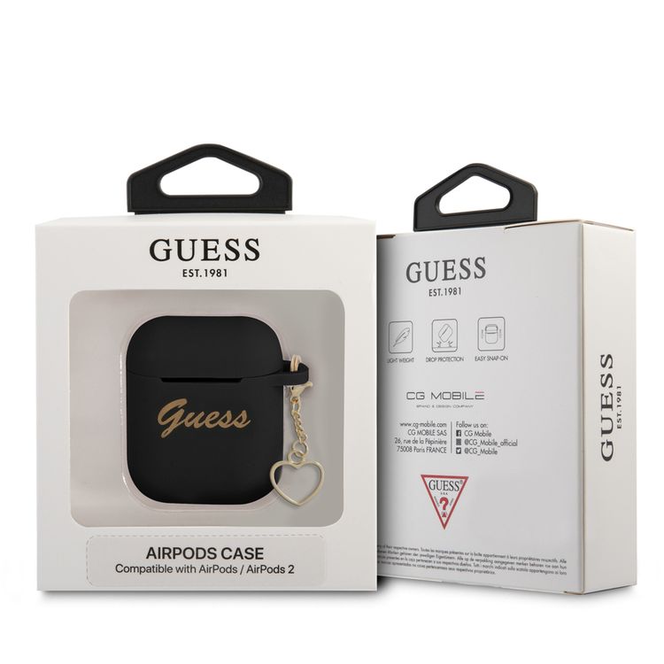 جيس GUA2LSCHSK حافظة سيليكون لأجهزة ابل إيربودز 1/2 و مجموعة ساحرة مع خاتم شكل قلب - أسود