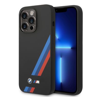BMW M Collection Liquid Silicone Case with Slanted Tricolor Stripes PU iPhone 14 Pro Compatibility - Black