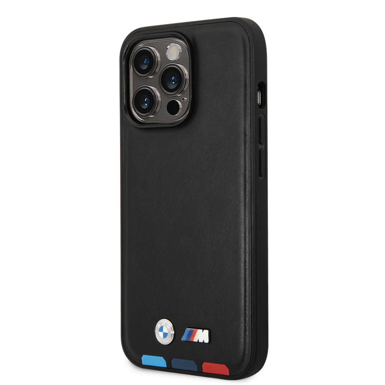 BMW M Collection PU Leather Case with Hot Stamped Tricolor Parts and Printed Logo iPhone 14 Pro Max Compatibility - Black