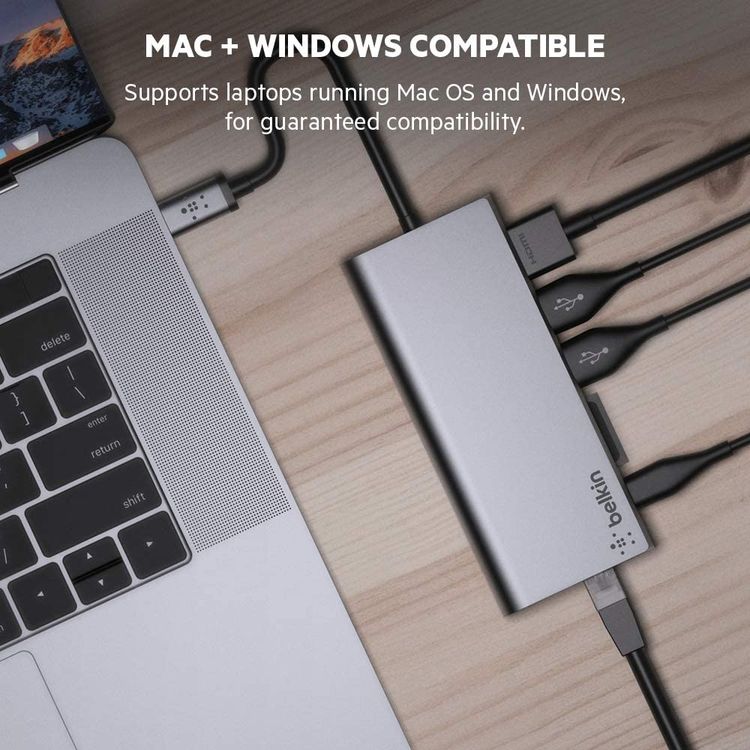 Belkin USB-C Multimedia ( 60W) Hub with USB-A USB-C HDMI Ethernet Card Reader, USB-C Multiport Hub with 5Gbps Compatible for MacBook Pro 13" M1 (2020), MacBook Air 13" M1 (2020), & Mac mini M1 (2020) - Space Gray
