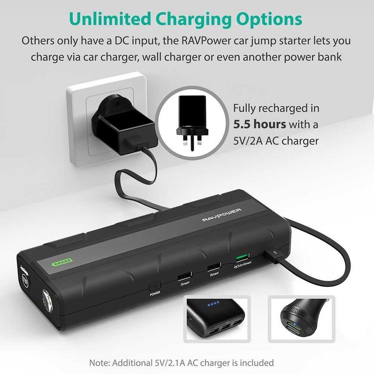 راف باور شاحن متنقل للسيارة بقوة 14000 مللي أمبير في الساعة 1000 أمبير بنك طاقة بريطاني مع مصباح LED وشاشة LCD ذكية - شحن سريع 3.0 مع تقنية iSmart - حماية 360 درجة - أسود