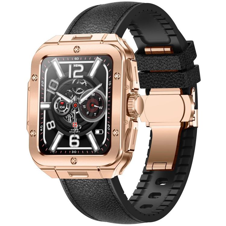 Swiss Military Alps 2, 1.85" HD Display, 4GB Built-in Memory, Workout Detection, Blood Pressure & Oxygen Level Monitoring, Make and Receive Calls - Rose Gold Frame and Black Leather Strap