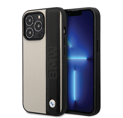 BMW Signature Collection Genuine Leather Case with Textured & Big Logo Stripe iPhone 14 Pro Max Compatibility - Beige