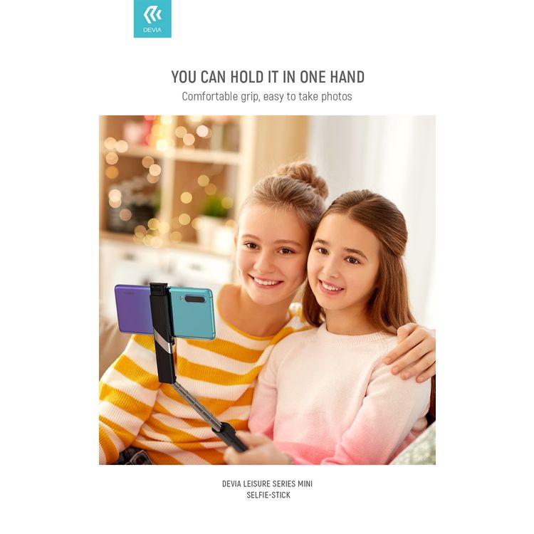 Devia Leisure Series Mini Selfie-Stick (3.5mm), Embedded Bluetooth Remote Control Snapshot, One-Hand Comfortable Grip, Light and Portable, Suitable for all Smartphones - Black