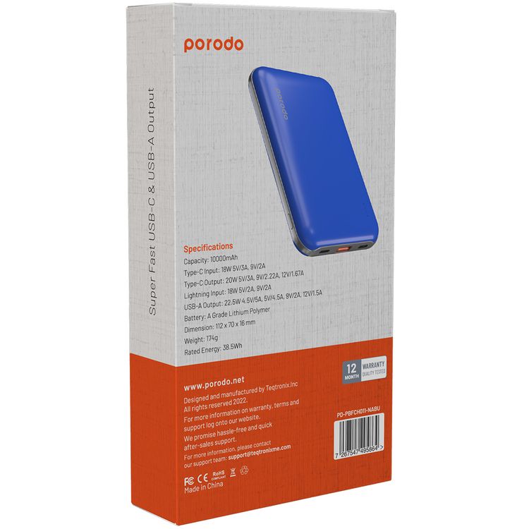 بنك الطاقة بورودو 10000 مللي أمبير مع مدخل تايب سي ولايتنينج، شحن فائق السرعة، توصيل طاقة 20 واط، بطارية ليثيوم بوليمر من الدرجة A، خفيف الوزن وقابل للحمل.
