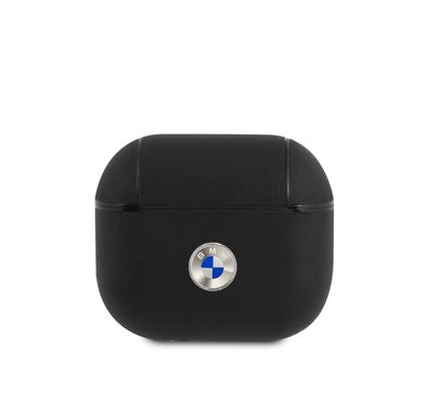 أسود - مجموعة شعار بي أم دبليو حافظة إير بودز 3 جلد أصلي  بشعار معدني فضي