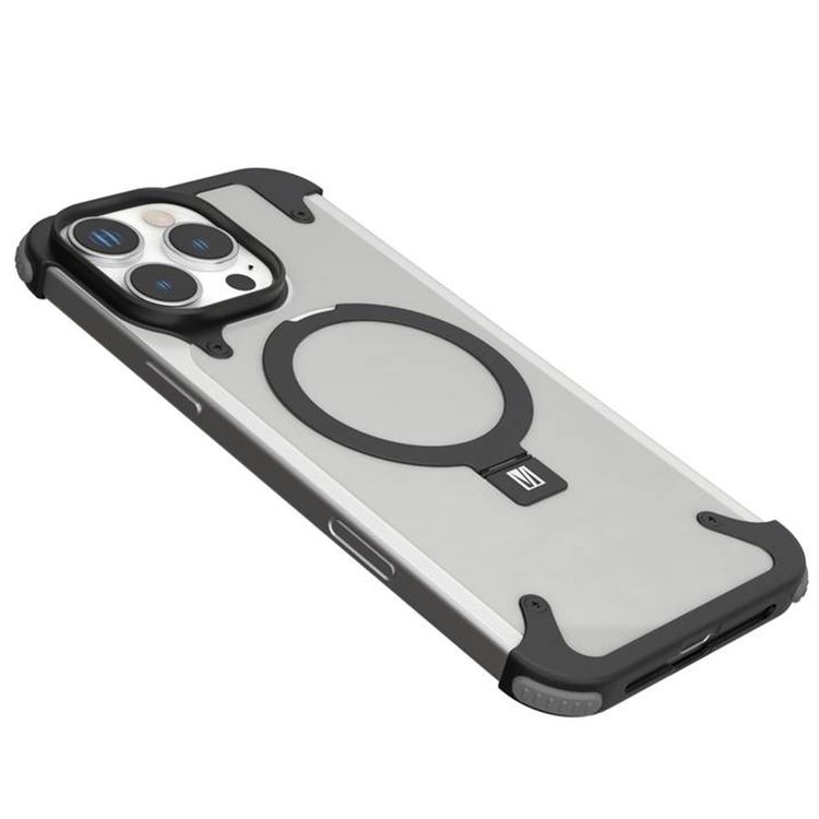 كفر حماية Levelo Metallo المصنوعة من الألومنيوم لهاتف iPhone 16 Pro، متوافقة مع MagSafe، مع حامل معدني وزوايا مقاومة للصدمات - أسود 