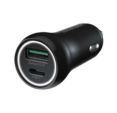 راف باور شاحن سيارة يو اس بي مزدوج المنافذ 36 وات مع منفذ تايب-سي 18واط شاحن سريع 3.0 ، مؤشر ليد ، شحن سريع وآمن ، محول طاقة للسيارة بتصميم صغير ومحمول متوافق مع ايفون 12 بروماكس / 12/12 برو / سامسونج S21 / S20 الترا / نوت 20