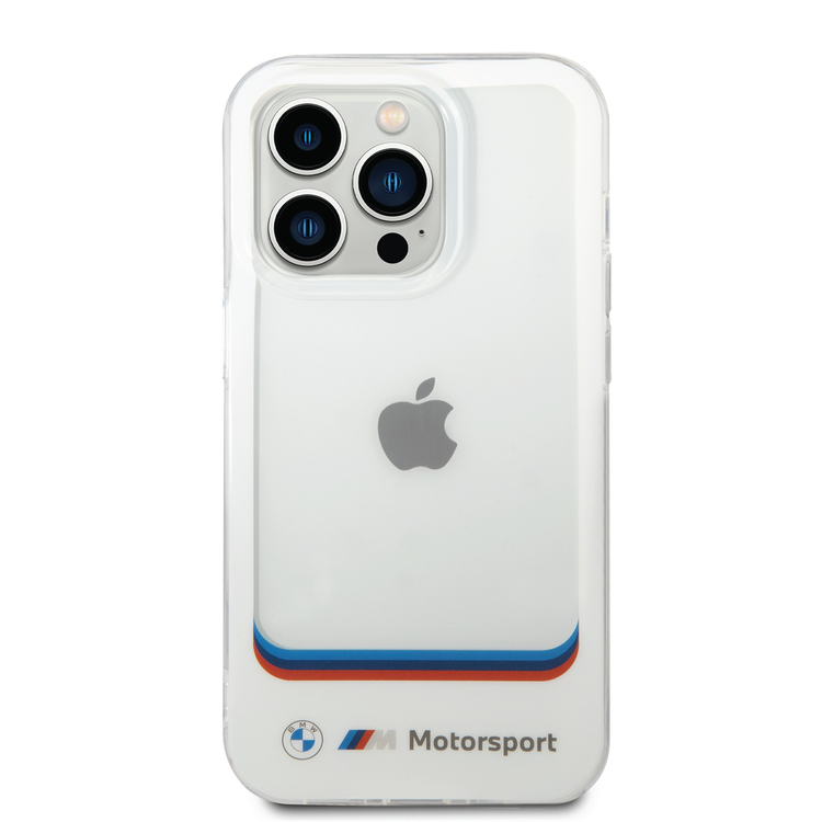 BMW Motorsport Collection PC/TPU IML Case Big Square Transparent and Printed Bottom Logo iPhone 14 Pro Max Compatibility - White