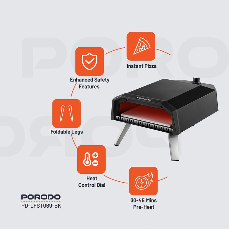 فرن بيتزا بورودو لايف ستايل 12 بوصة في الهواء الطلق بأرجل قابلة للطي، وقت طهي 60 ثانية، تسخين سريع 500 درجة مئوية، متوافق مع البيوتان والبروبان، 30-45 دقيقة قبل التسخين، إشعال بيزو - أسود