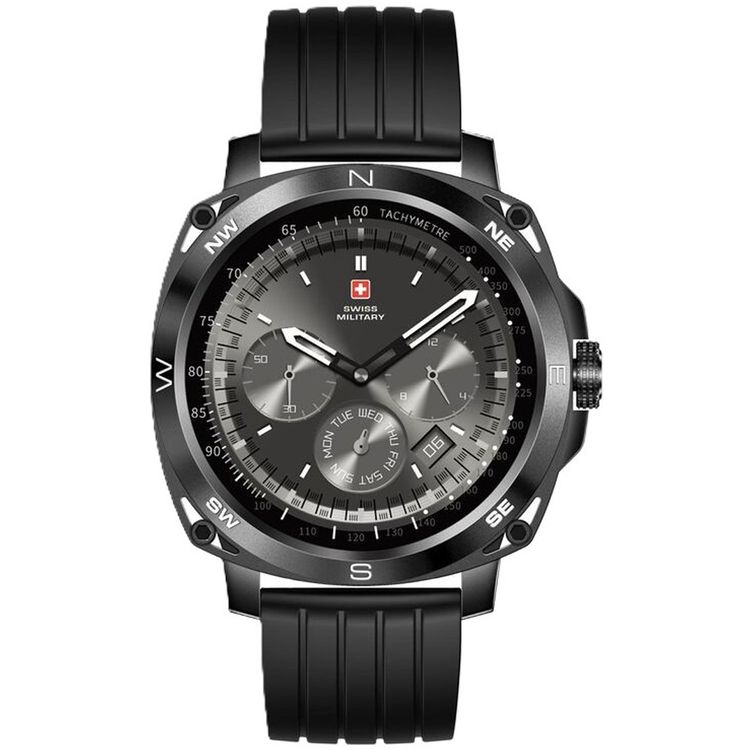 Swiss Military DOM4 Smartwatch, 1.43" AMOLED Display, Built in Compass, Bluetooth Calling, Workout Detection - Black With Black Silicon Strap