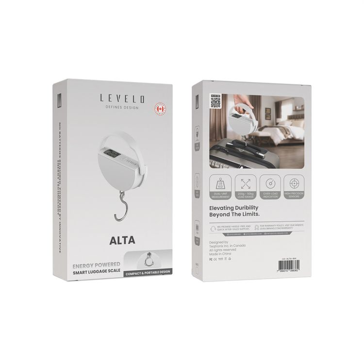 ميزان أمتعة Levelo Alta، وحدة قياس مزدوجة، مستشعرات عالية الدقة، مؤشر التحميل الزائد، نطاق حمولة 200 جرام - 50 كجم، استخدام لمدة 3 دقائق - أبيض