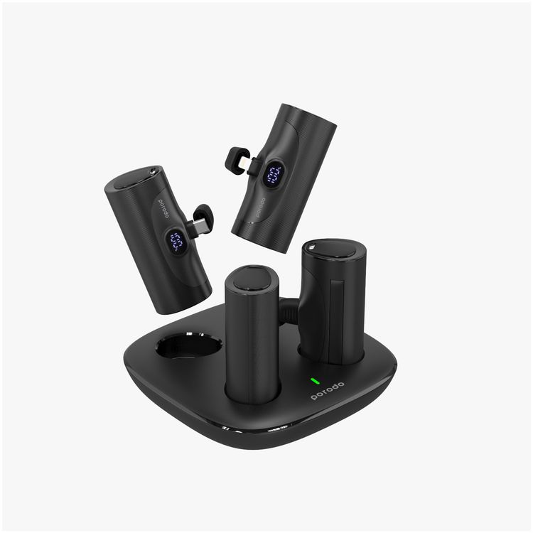 محطة باور بانك 4 في 1 من بورودو بسعة 5000 مللي أمبير في الساعة مع موصلات Lightning وType-C مدمجة، 20 وات PD، محمولة، حامل مدمج، شاشة رقمية LED - أسود 