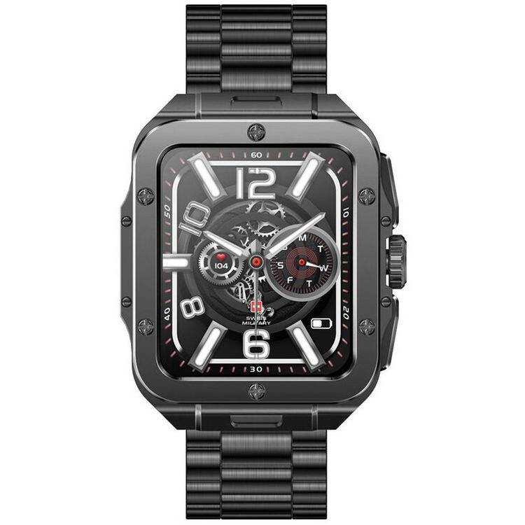 Swiss Military Alps 2, 1.85" HD Display, 4GB Built-in Memory, Workout Detection, Blood Pressure & Oxygen Level Monitoring, Make and Receive Calls - Gunmetal Frame and Gun Stainless Steel Strap  
