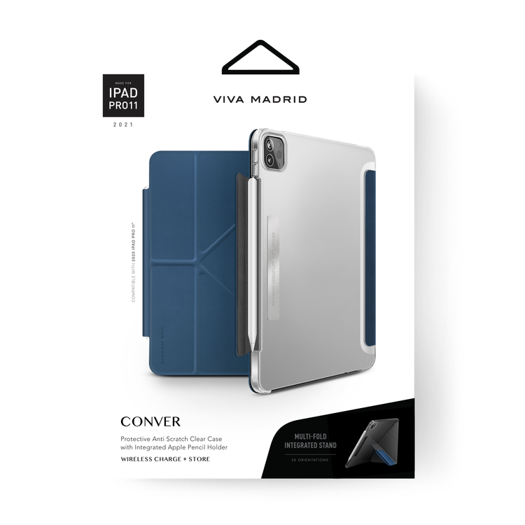 Viva Madrid Conver Case With Foldable Stand Clear Case with Integrated Apple Pencil Holder, Anti-Scratch, Shock-Absorption & Drop Protection Cover Blue - iPad Pro 11" (2021)