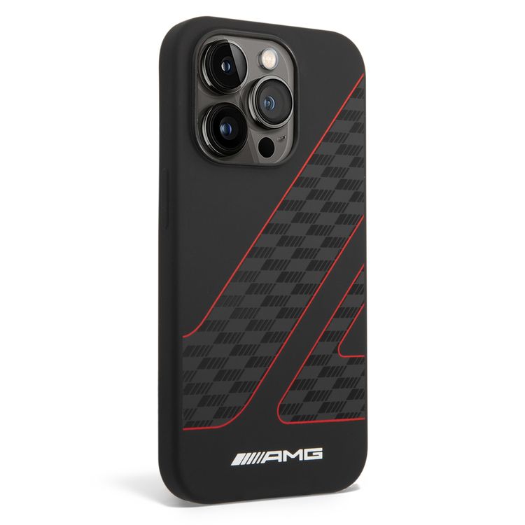 جراب من السيليكون السائل من Amg بنمط علم مربعات - آيفون 14 برو - أسود أحمر