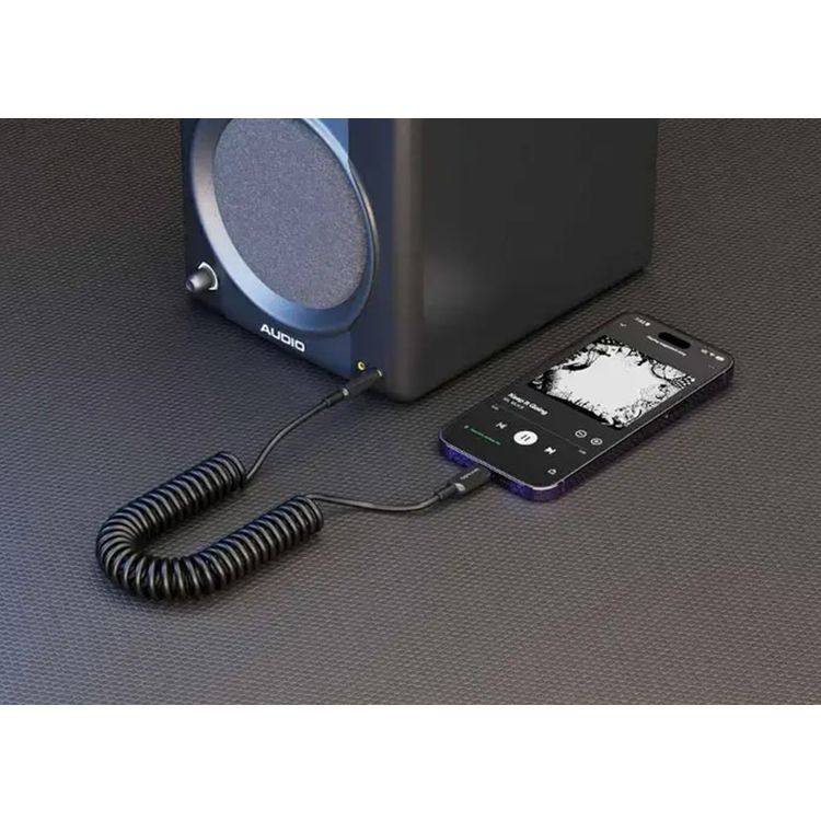 Porodo 3.5mm Lightning AUX Coiled Audio Cable Convenient Tangle-Free Design 1.2m/4ft, Lightning to AUX, Universal Compatibility, Auto Retractable - Black