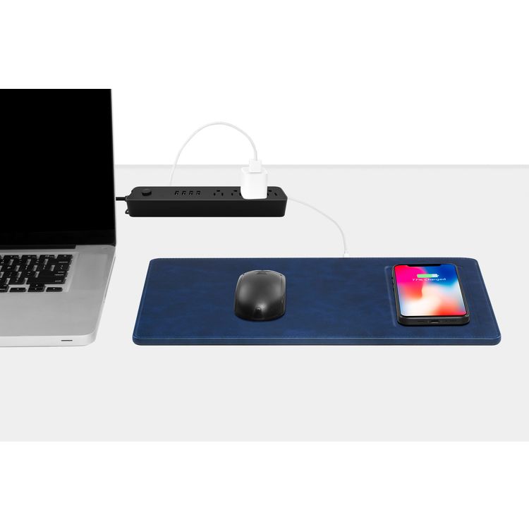 Powerology PU Leather Qi Wireless Charging Mouse Pad 10W, Case-Friendly, Fast Wireless Charging Mouse Mat Compatible for 12/12 Pro/12 Pro Max/11/11 Pro/11 Pro Max, Samsung Galaxy S10/S9/S8/Note 10 - Navy Blue
