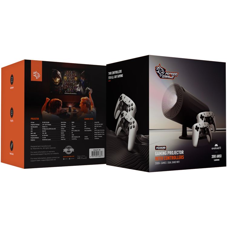 Porodo Gaming 4K Projector with Auto Keystone and Gamepad Controller, Android 11.0 Operating System, Wi-Fi 2.4/5 GHz and BT 5.0 Connectivity, English + 23 Languages - Black