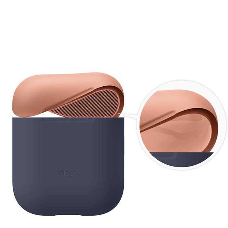 Elago Duo Case for Airpods, 3-in-1 Pastel Color, High Quality Silicone, Shock Resistant, Scratch Resistant, Supports Wireless Charging - Body-Jean Indigo / Top-Peach, Gray