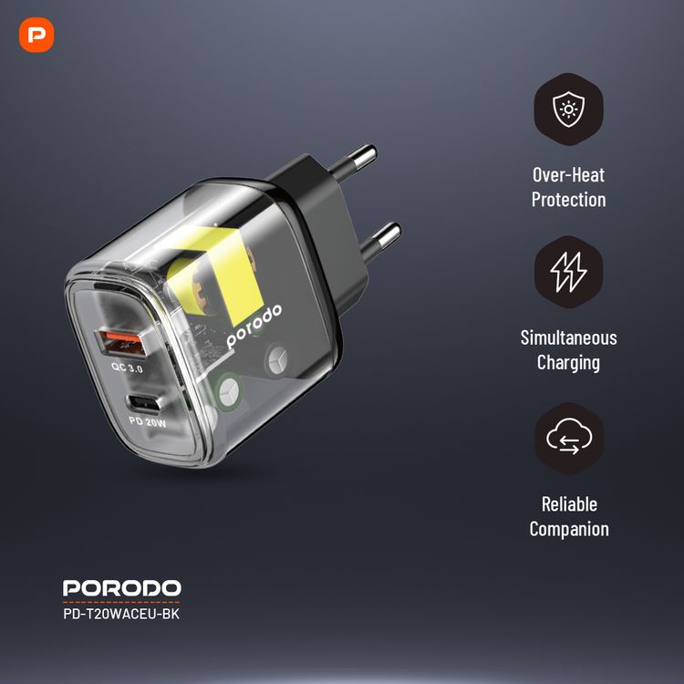 Porodo شاحن شفاف سريع ثنائي المخرج USB-C PD و USB-A QC EU - شفاف