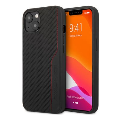 CG MOBILE AMG Hard Case with PU Carbon Effect Leather & Red Stitching Line Hot Stamped Logo Compatible for iPhone 13 Pro Max (6.7") Easy Access to All Ports, Shock-Absorption, Anti-Scratch, & Drop Protection Back Cover Suitable with Wireless Charging Officially Licensed