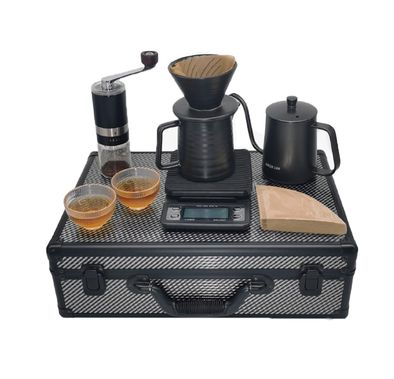 Green Lion G-80 Plus Coffee Maker Set with 40 Pcs Paper Filter, 600mL Black Coffee Kettle Capacity, Glass Dripper, Glass Server & Glass Cups, Bean Grinder, Coffee Scale, Travel Box - Black