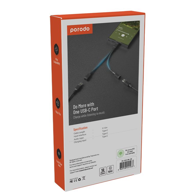 محول بورودو 2 في 1 من النوع C إلى 2*مقبس سماعة رأس وشحن، شحن مثالي، توصيل وتشغيل - أسود