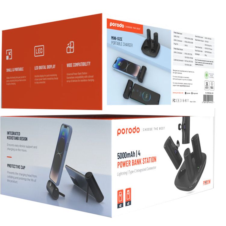 محطة باور بانك 4 في 1 من بورودو بسعة 5000 مللي أمبير في الساعة مع موصلات Lightning وType-C مدمجة، 20 وات PD، محمولة، حامل مدمج، شاشة رقمية LED - أسود 