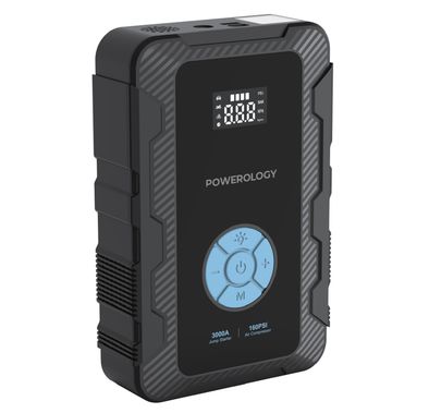 Powerology 20000mAh Power Bank Jump Start Air Compressor, 7.0±1.0Hrs Max Charging Time, PD 45W, Peak Current 3000A, 8L Engine - Black 