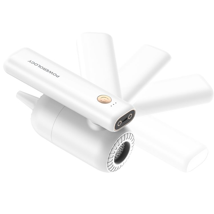 Powerology 4 in 1 180° Foldable Car Vacuum Cleaner with Type-C Charging Port, LED Indicator and 4 Nozzles - White