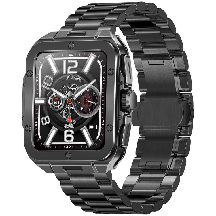 Swiss Military Alps 2, 1.85" HD Display, 4GB Built-in Memory, Workout Detection, Blood Pressure & Oxygen Level Monitoring, Make and Receive Calls - Gunmetal Frame and Gun Stainless Steel Strap  