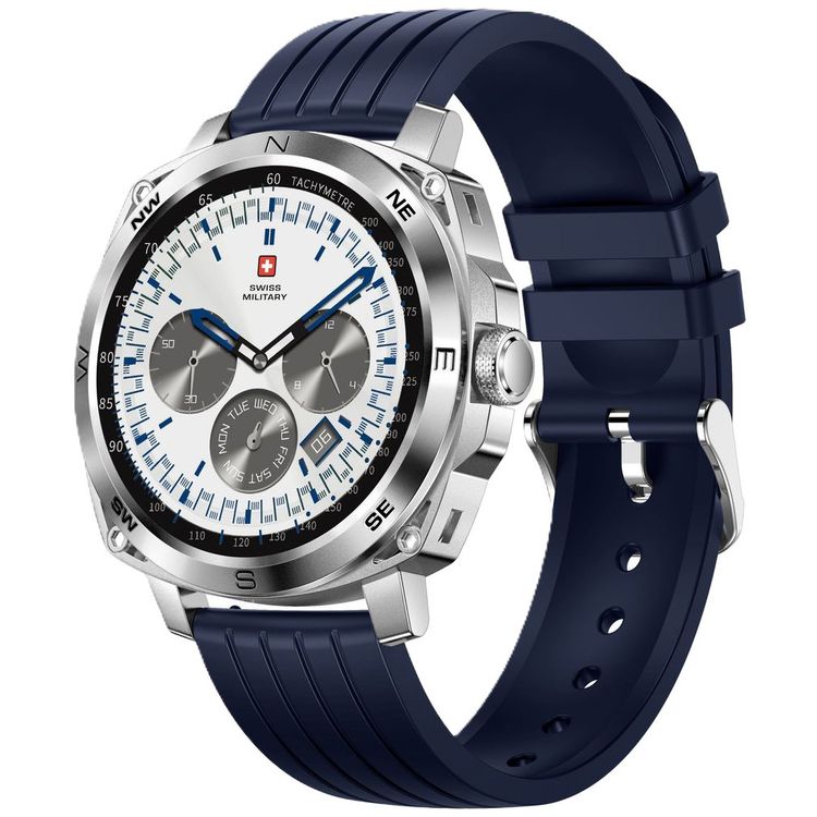 Swiss Military DOM4 Smartwatch, 1.43" AMOLED Display, Built in Compass, Bluetooth Calling, Workout Detection - Silver with Blue Silicon Strap