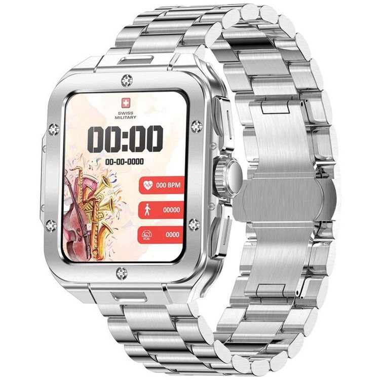 Swiss Military Alps 2, 1.85" HD Display, 4GB Built-in Memory, Workout Detection, Blood Pressure & Oxygen Level Monitoring, Make and Receive Calls - Silver Frame and Silver Stainless Steel Strap