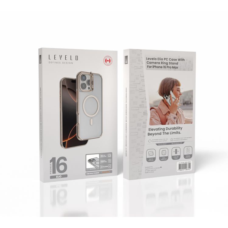 Levelo Elio PC Case with Camera Ring Stand for iPhone 16 Pro Max, Built-in Kickstand, MagSafe Compatible - Rose Gold Titanium