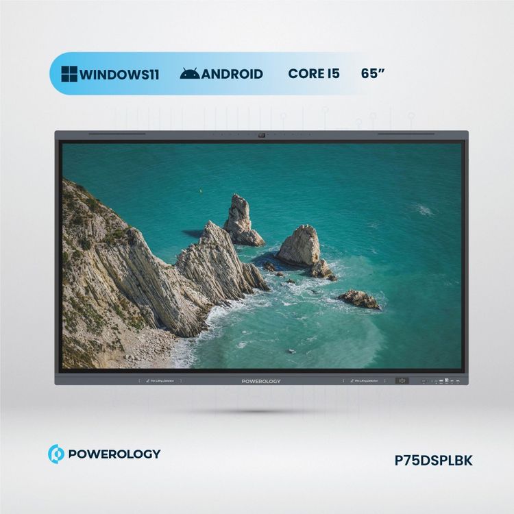 Powerology Dual Windows & Android Interactive Smartboard, 75" Screen Size, 16GB RAM, 256GB Storage, Bluetooth V5.0, Digital writing & Drawing, 500W Power, Wireless Screen Casting - Black