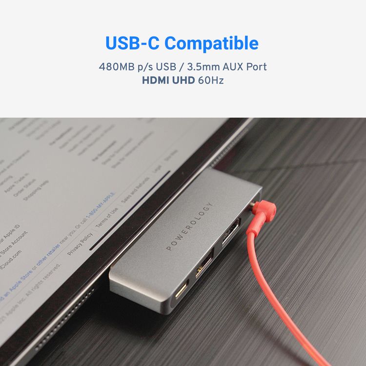 محول Powerology USB C Hub 4 في 1 Pro - رمادي