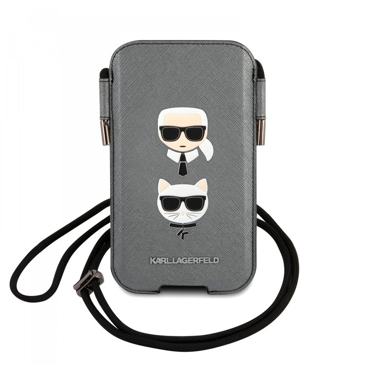 Karl Lagerfeld PU Safffiano Pouch With Karl & Choupette`s Head Medium - Silver